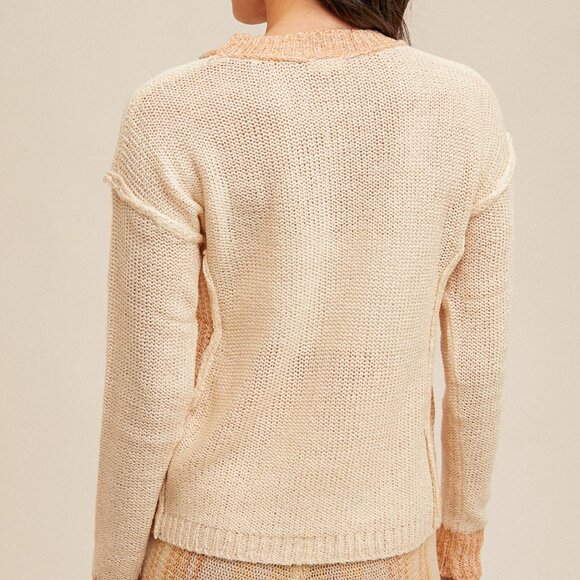 HEM & THREAD Cream Peach Contrast Knit Sweater, Long Sleeve Colorblock Pullover - Picture 3 of 6